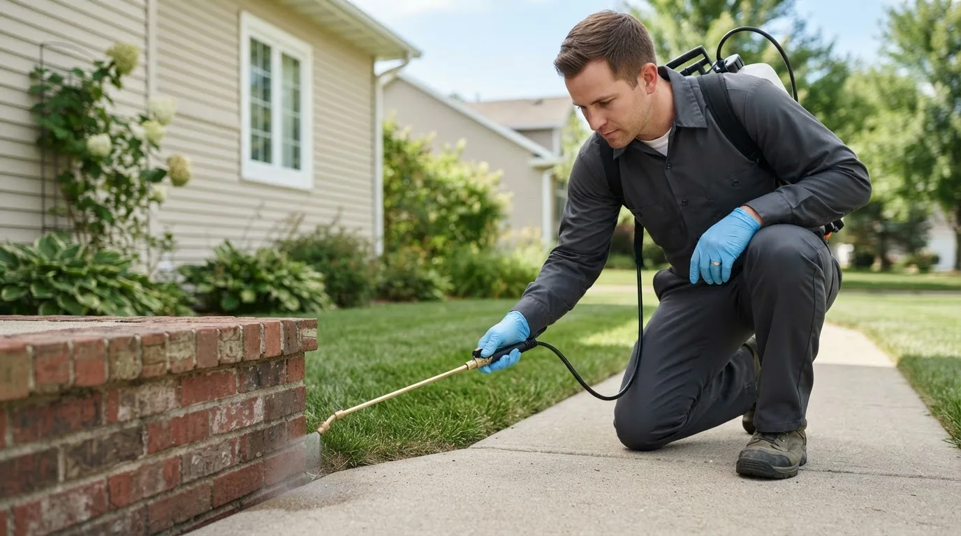 Pest control technician treating a home near Beulah, WY